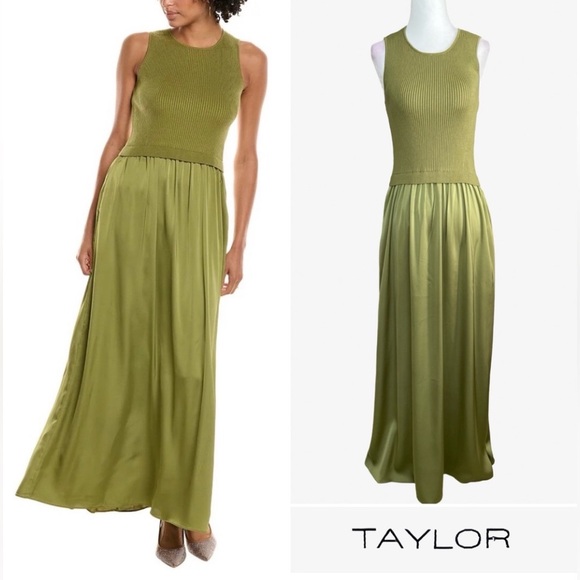 Taylor size small moss green maxi dress w/ stretchy sleeveless top, silky bottom - Picture 1 of 16